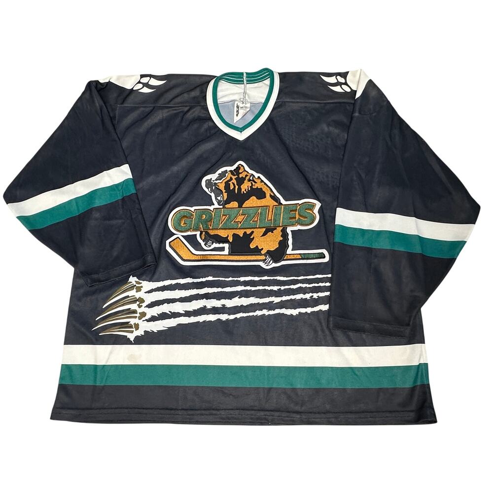 Vintage Bauer Grizzlies Hockey Jersey Mens Goalie Cut Made Canada Black Green